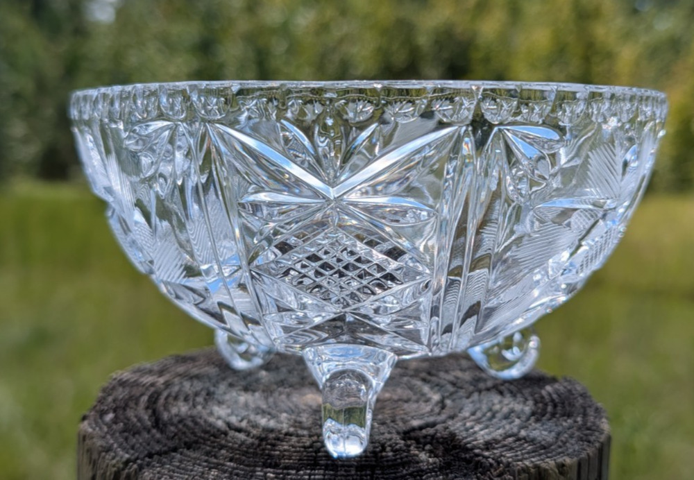 EAPG 3-Footed Cut Pressed Etched Glass Bowl Fan Crosshatch Crystal